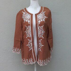 Bob Mackie Women's Wearable Art Linen Jacket Light Brown and White Cutout Preppy